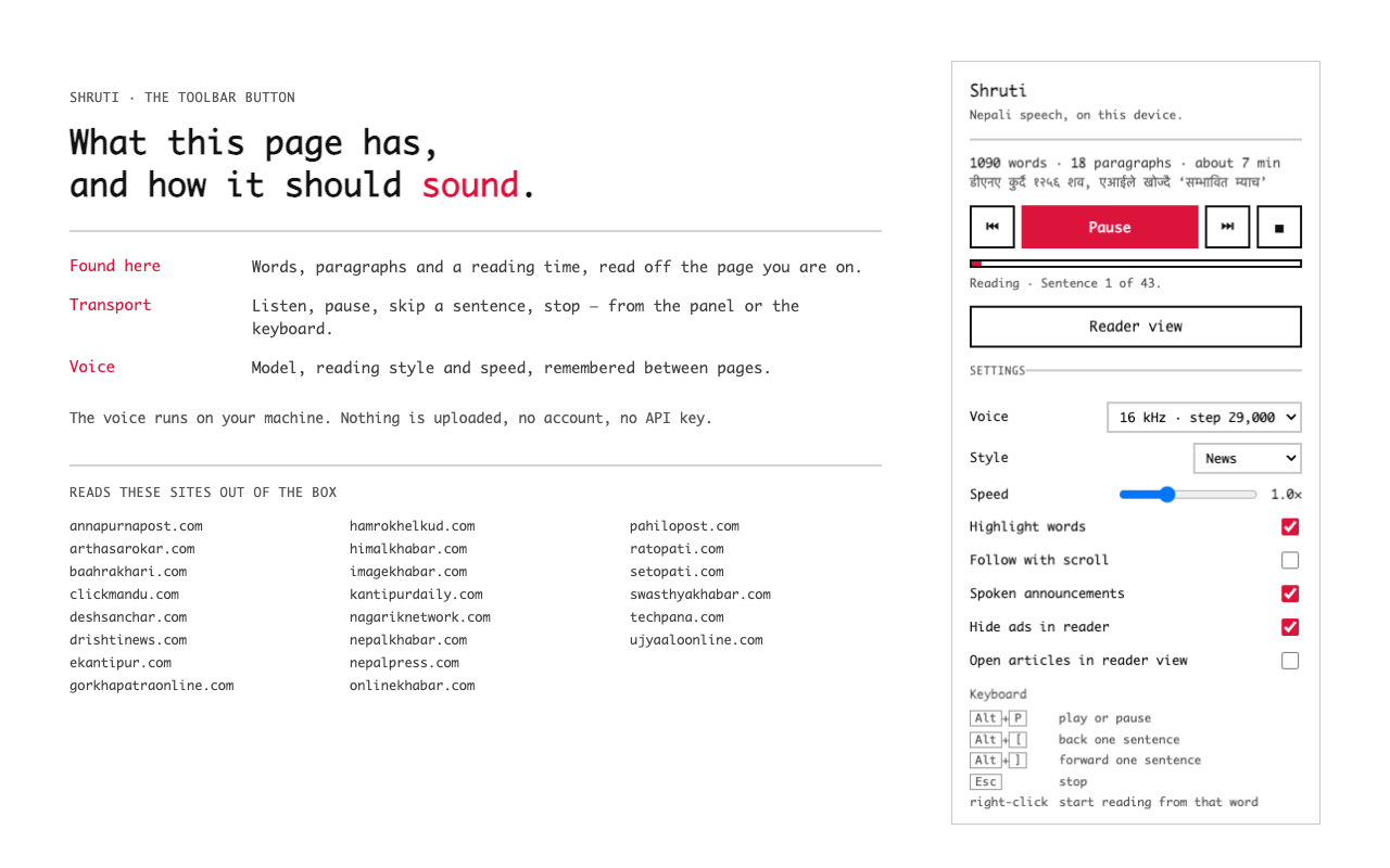 The toolbar panel: word and paragraph counts,
      transport controls, voice, style and speed, and a list of options.